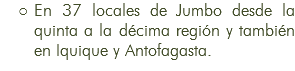 En 37 locales de Jumbo desde la quinta a la décima región y también en Iquique y Antofagasta.